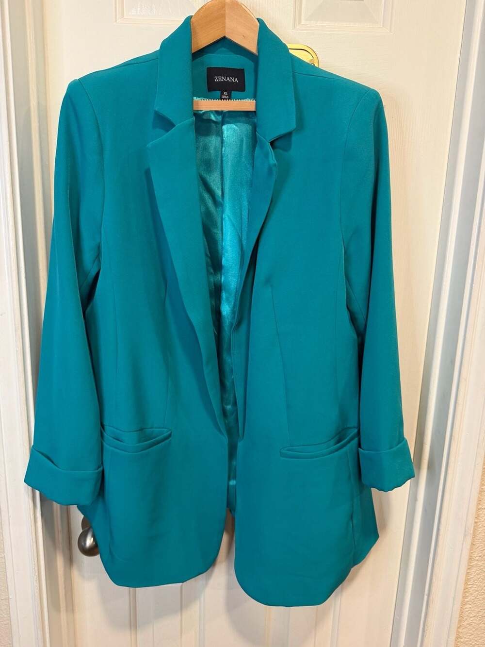 Zenana Women’s XL Teal Turquoise Blazer Open Front Rolled Cuff Career Jacket
